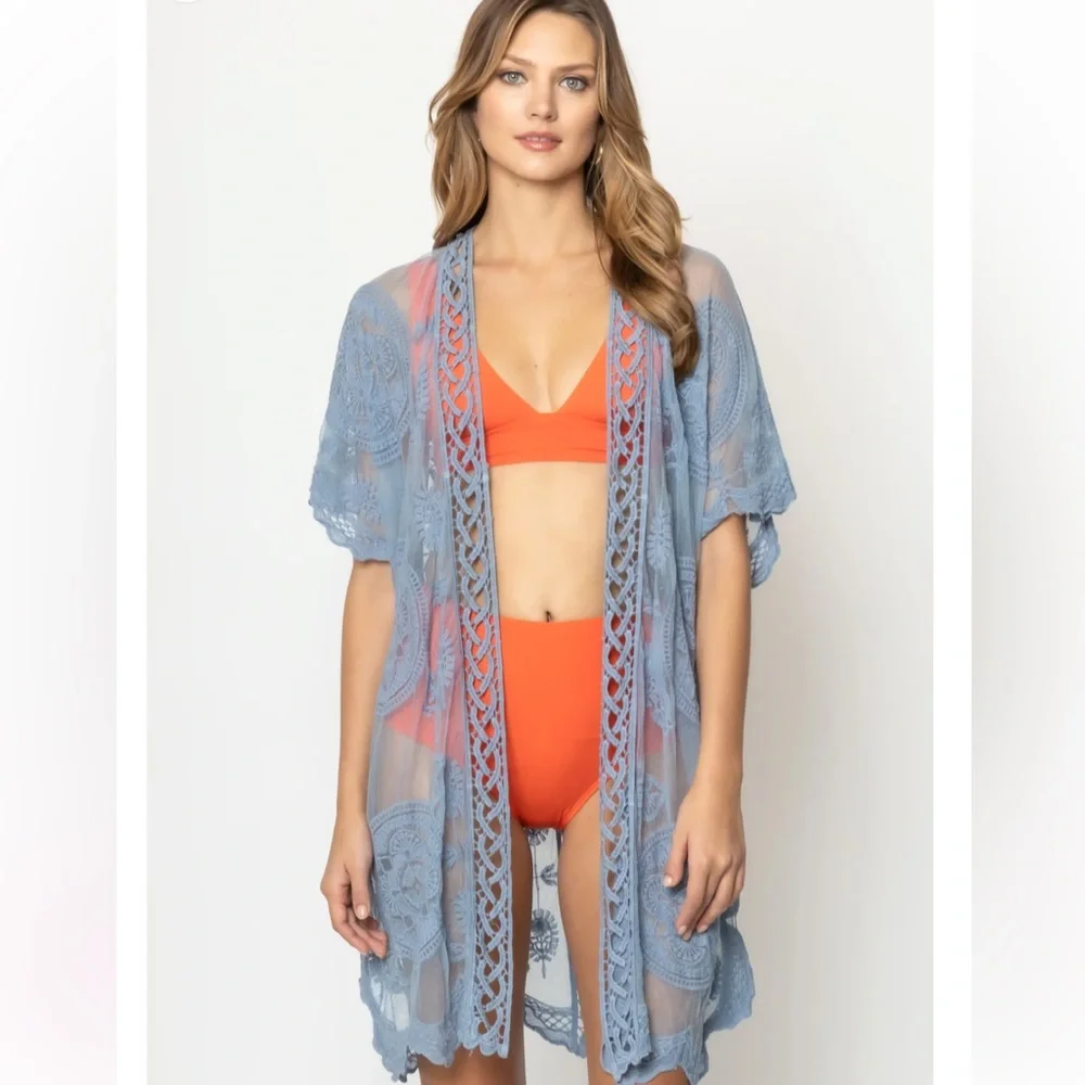 33. Women’s Lace Kimono Blue Tie Front Long Swim Cover Loungewear - Picture 1 of 3